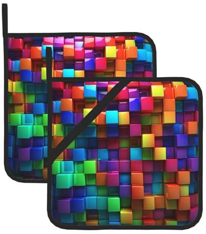 Topflappen, hitzebeständig, für Küche, rutschfest, für Ofen, heiße Pads, bunte Würfel, wasserdicht, waschbar, Untersetzer zum Kochen, Backen, 20,3 x 20,3 cm, 2 Stück