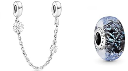 PANDORA Sicherheitskette Gänseblümchen 5cm 798764C01 & Welliges dunkelblaues Ozean Murano-Glas Charm