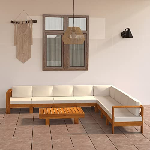 SECOLI Gartenlounge Set Holz Gartenmöbel Set Holz Balkon Lounge Holz Lounge möbel Outdoor Holz Balkonmöbel Lounge Sitzgruppe Ecksofa mit Auflagen Akazienholz-Creme-9-tlg