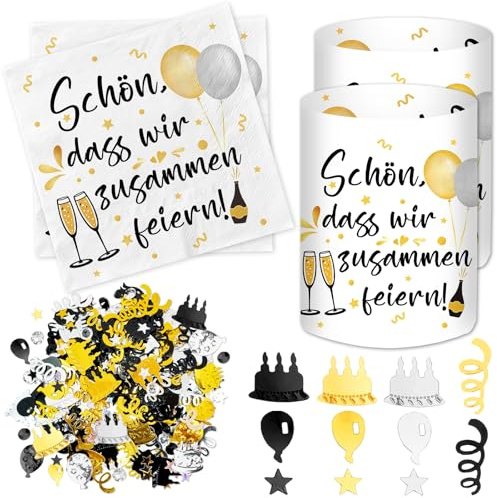 20 Stück Servietten + 12 Windlicht Tischdeko + 500 Konfetti, Deko 30 40 50 60 70 80 Geburtstag Mann Frauen, Geburtstagsdeko Tisch, Silvester Deko 2026, Silvesterdeko Party Set, Happy New Year