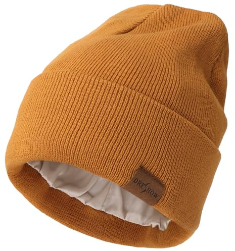 DRESHOW Satinfodrade Vintermössa för Kvinnor Män Satinfodrad Mössa Hattar Unisex Vinter Varm Stickad Manschett Silke Fodrad Solid Skull Mössa
