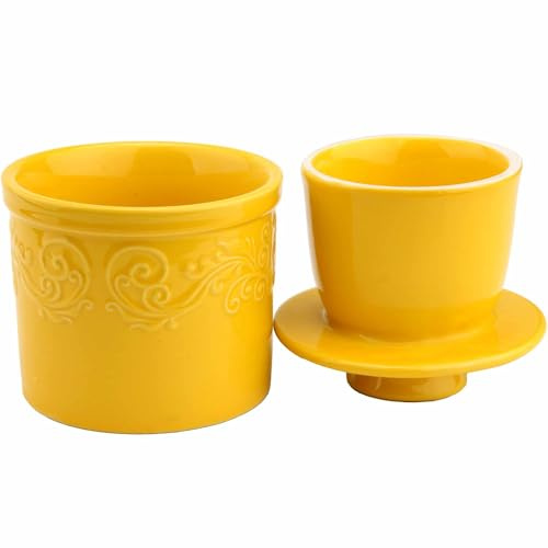 Mantequera con diseño en relieve con tapa, mantequillera francesa para decoración de mostrador, contenedor de mantequilla con línea de agua para mantequilla fresca y untable, color amarillo, 4 x 4.5