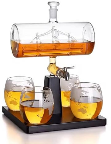 OMNIHIVE - Luxury Whiskey Decanter Set – 1000ml Crystal Glass Decanter & 4 Glasses (310ml) | Elegant Glass & Wood Design | Perfect for Bourbon, Scotch, Whiskey & Cocktails