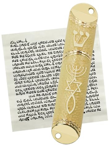 MrMrKura Mesusa con pergamino para puerta, sello mesiánico de metal para bendición hebrea, regalos judíos, decoración de inauguración de la casa, Navidad, Pascua (beige)