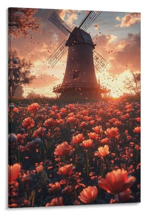 TharEau Windmühle Leinwand Bilder Landschaft Leinwanddruck Modern Wandbilder Dekoration Für Zimme Wasserdicht Hochwertiger Kunstdruck Für Schlafzimmer, Heimdekoration 16x24inch(40x60cm)