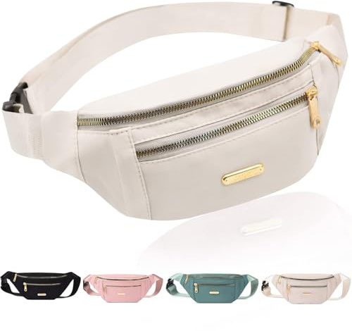 Bauchtasche für Damen Herren, Stylisch Verstellbarer Gürteltasche Lässige Hüfttasche mit 3 Reißverschlusstaschen für Radfahren Joggen Wandern Camping Outdoor Sport (Beige)