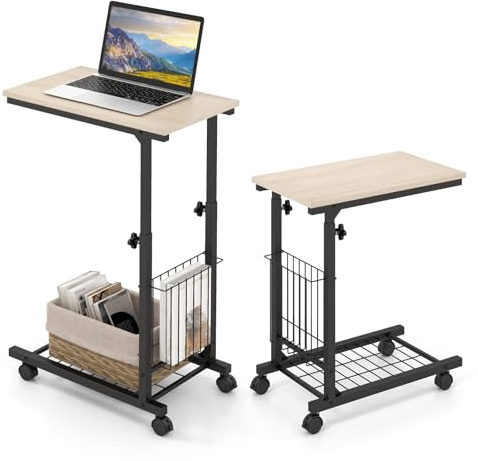 GIANTEX Beistelltisch C-Form, Sofatisch mit Rollen, Laptoptisch Notebooktisch höhenverstellbar, mobiler Kaffeetisch Couchtisch, Pflegetisch Industrie-Design mit Metallgestell, 50 x 30 x 80 cm