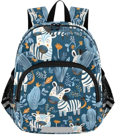 CHIFIGNO Cute Cartoon Zebras Cactus Blue Toddler Boy Backpack with Leash, Mini Kids School Backpacks Travel Bookbag, Cute Cartoon Zebras Cactus Blue, M, Daypack Backpacks