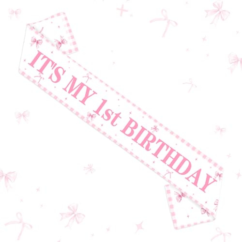 Diartpaint Pink Bow Themed 1st Birthday Party Favors Funny It’s My 1st Birthday Sash Coquette Happy 1 Year Old Birthday Sash for Baby Girls Daughters Happy 1st Birthday Party Decorations Supplies