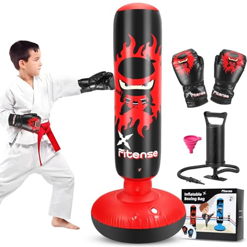 160cm Kids Punching Bag, Free Standing Inflatable Punch Bag with Air Pump & Gloves, Kids Boxing Bag for Boys Girls Age 6-12, Red Ninja Boxing Set Interactive Christmas Birthday Toys Gift for Karate