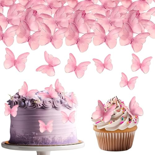 JYNVO 48 pezzi di decorazione per torta a forma di farfalla commestibile, decorazione per cupcake e torta di compleanno, rosa