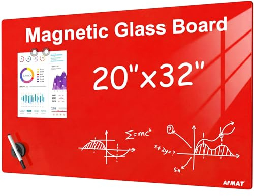 AFMAT Rahmenlose Glas-Magnettafel 50x80 cm, Premium Glas Magnetboard Whiteboard, Hochglänzend, Magnettafel für Wand - Inkl. Magnete, Stift & Tafellöscher, Whiteboard für Büro, Küche, Wohnung,Rot,GB05