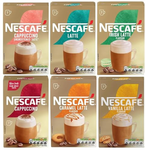 NESCAFÉ Variety Pack Instant Coffee Sachets x7 (Pack of 6, Total 42 Sachets) – Cappuccino, Latte, Caramel Latte, Cappuccino Unsweetened, Irish & Vanilla Latte