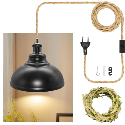ZRLXFM 9.84“ Metallener Lampenschirm für Hängelampe mit Schalter, Vintage Pendelleuchte DIY Kit mit 5.1m Hanfseil-Kabel und Stecker, E27 Lampenfassung Schwarz Hängeleuchte inkl. 5m grünem Dekoband