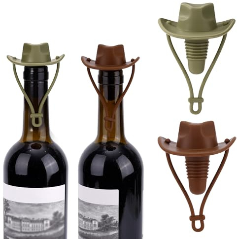 2pcs Cowboy Hat Wine Stoppers, Reusable Funny Silicone Champagne & Sparkling Glass Bottle Cork Savers Leakproof Bottle Sealer for Freshness Cute Wine Accessories for Home Bar (Green, Coffee)