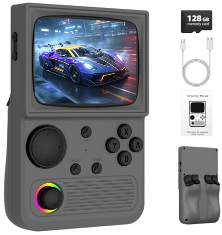 R36T Retro-Spielekonsole, Handheld-Spielekonsolen mit 128 GB 22000+ klassischen Spielen, EmuELEC-System & mehreren Emulatoren, 3,5-Zoll-IPS-CRT-Bildschirm, 3500-mAh-Akku, mit tragbarer Hülle für