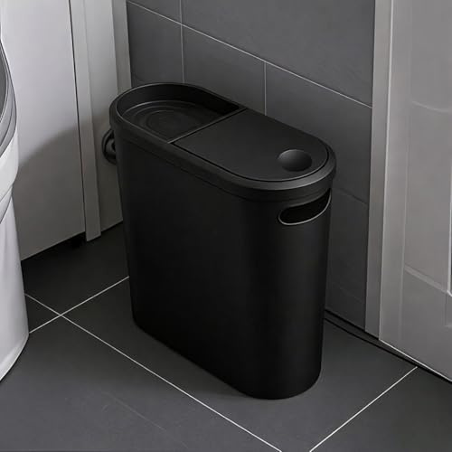 Livhome 10L Slim Bathroom Bin, Narrow Plastic Trash Can with Touch Top Lid & Handle, Slimline Kitchen Bin, Compact Design Waste Bin, Small Space Storage for Bathroom, Bedroom, Office (Black)