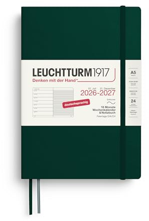 LEUCHTTURM1917 Veckokalender 2027 A5 med anteckningsbok, linjerad, mötesplanerare tyska, 18 månader juli 2026 – december 2027, skogsgrön softcover, 210 x 145 mm, veckoöversikt vänster +