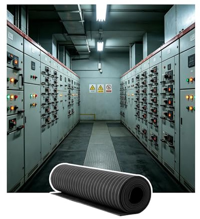 0,19 Tum Tjock Dielektrisk Säkerhetsmatta För Flygarbete | 10KV klassad, anti-halk randig, vattenbeständig, silikon, för transformatorstationsdistributionsrumsfabrik(Black,3.28x3.28ft)
