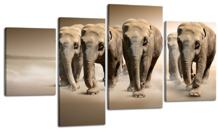 Leinwandbild Elefantengruppe LW189 Wandbild, Bild auf Leinwand, 4 Teile, 180x115cm, Kunstdruck Canvas, XXL Bilder, Keilrahmenbild, fertig aufgespannt, Bild, Holzrahmen, Elefant, Afrika, Steppe