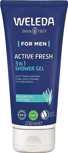 WELEDA Bio For Men 3in1 Duschgel & Shampoo ACTIVE FRESH vegan - Naturkosmetik Männer Duschseife & Haarpflege mit Eukalyptus & Vetiver Duft. Natürliche Dusche zur Reinigung von Haut & Haar (1x 200ml)