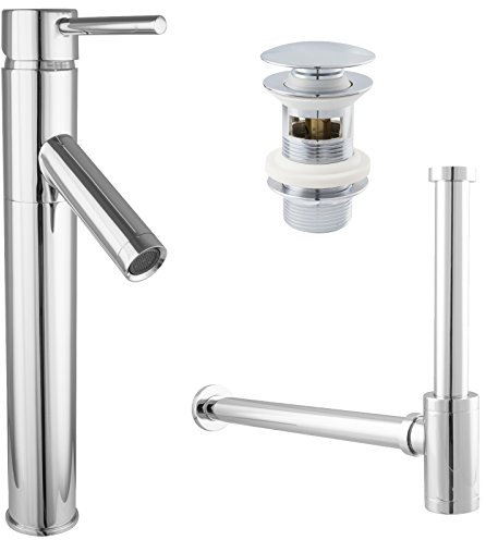 PaulGurkes Waschschalenarmatur Wasserhahn Excenter Bouncing Popup mit Überlauf Flaschensiphon Waschschüssel Einhandmischer Geruchsverschluss Abfluss Siphon Wasser Ablauf Messing hochwertig verchromt