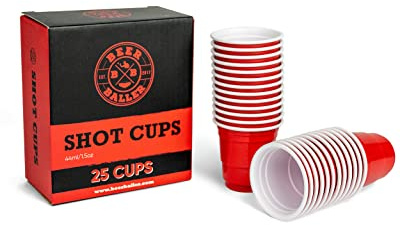 BeerBaller® Shot Red Cups - 25 rote Shot Becher | 4cl | Retro American Schnapsgläser | wiederverwendbar & spülmaschinenfest | Rote Plastik Shotgläser für Shot Pong, Trinkspiele & Bierpong