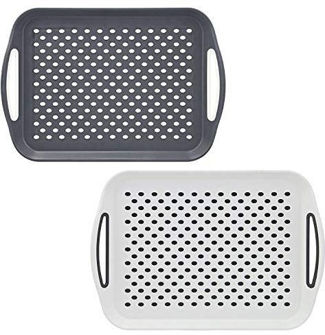 Taylor & Brown 2 x Set of Anti-Slip Rectangular Non-Slip Top and Bottom Plastic Dinner/Drinks Serving Tray with High Grip Rubber Surface, Easy Grip Handles (1 Grey + 1 White)