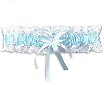 Liga de novia Pet-Jos, liga de encaje blanco con cinta de raso azul y cristal brillante blanco elegante perla en el centro, talla única