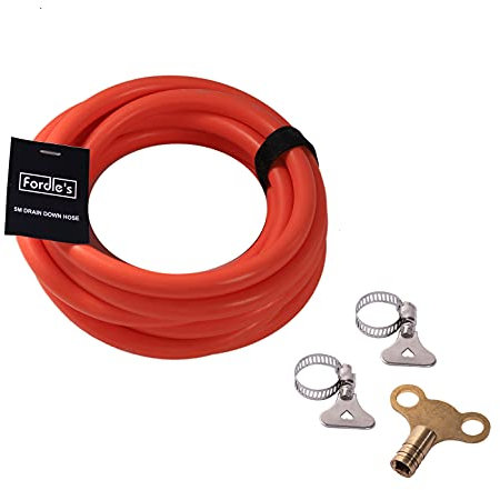Fordle’s 5m Drain Down Hose Kit for Radiator/Heating System Repair Maintenance Servicing – Flexible TPU Rubber with 12mm Bore – Includes Radiator Bleed Key & 2 Connector Clips & 2 Storage Straps