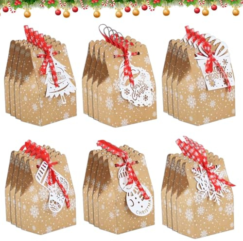 Geschenktüten,24 Stücke Weihnachten Geschenkbeutel,Kraftpapier-Weihnachtspapiertüten,Geschenkverpackung Taschen,Süßigkeiten Taschen,Papiertüten,Geschenktüten Weihnachten mit Band&mit Kordelzug