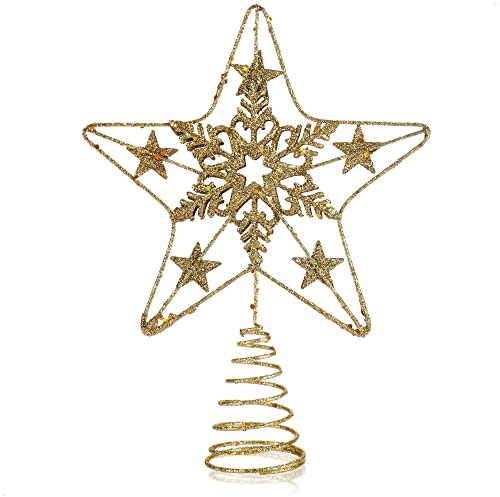 COM-FOUR® Deco Star Christmas - Estrella de decoración navideña de Metal - Poinsettia de pie con Purpurina - Copa de árbol de Navidad Dorada (Dorado / 24x18cm)