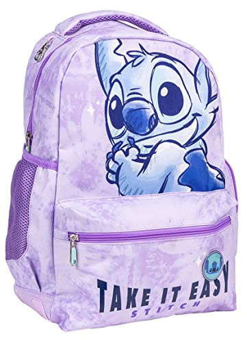 Mochila Escolar Grande de Stitch - Color Morado - 30x13x44 cm - Fabricada en Poliéster - Incluye Bolsillo Lateral, Asas Ajustables y Varios Compartimentos - Producto Original Diseñado en España