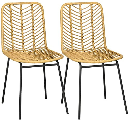 HOMCOM Lot de 2 chaises de Salle à Manger Chaise de Cuisine Design bohème en résine tressée Imitation rotin et piètement métal - 44 x 58 x 85 cm - Jaune