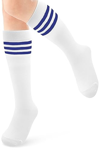 ALLY-MAGIC Calcetines altos hasta la rodilla, calcetines casuales hasta el muslo, calcetines blancos y negros a rayas, 3 medias de tubo largo a rayas para mujeres y niñas, uso diario Y7TWGXW, azul,