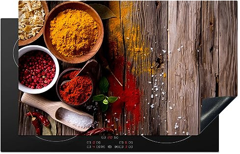 KitchenYeah© Herdabdeckplatte Einteilig Induktionsmatte Küche Abdeckung | 83x51 cm - Ceranfeld Herd Abdeckplatte Deko Vinyl Matte Aufrollbar Kräuter - Gewürze - Holz - Braun