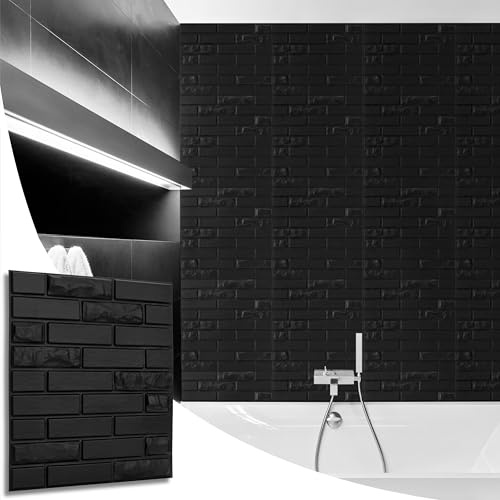 NOVECRAFTO Brick Effect 3D Wall Panels - Pack of 20 Interior Cladding Sheets Covering 53.82 sqft | 5 sqm | 3D Wall Tiles Urban Brick Design in Matt Black-Size 19.7X 19.7in / 50x50cm
