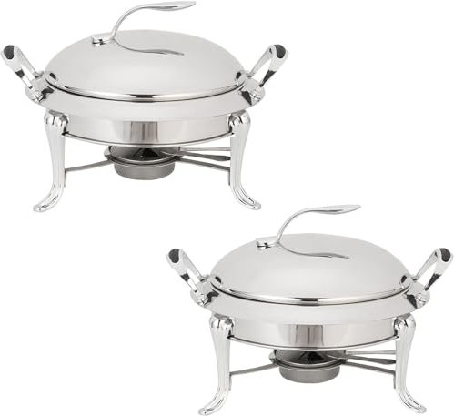 3L Fondue Set, Stainless Steel Round Buffet Server, Food Warmer with Pan, Lid and Fuel Rack for Catering Party Wedding Dinner (Color : Silver, Size : 2pack)