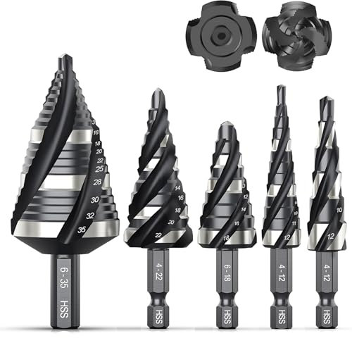 THINKWORK Four Spiral Flute Step Drill Bit Set (Metric), 5 Pcs HSS Step Drill Bits (4mm-35mm) Unibit Step Drill Bit, 6mm and 10mm Shank Step Bits for Aluminum, Wood, Plastic, Metal