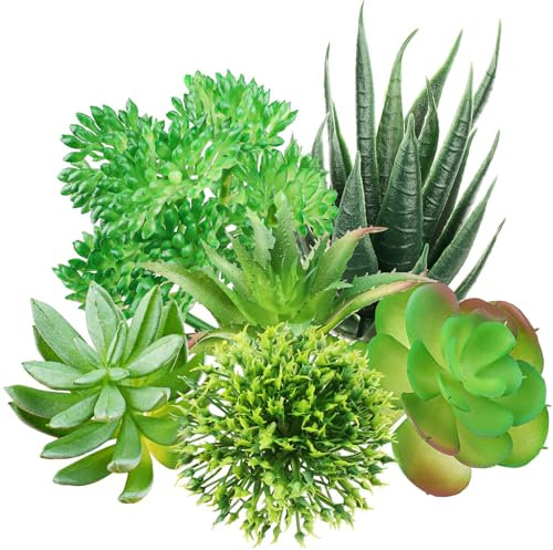QUOZUO Green Succulent Plants, 6pcs Mini Fake Succulents Plants for DIY Home Floral Wall Office Decoration (excluding pots)