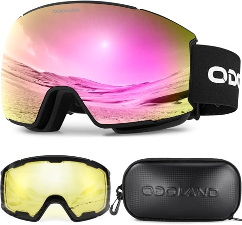 Odoland Masque de Ski avec Lentilles Magnétiques Interchangeables, Masque de Neige Anti-Buée et UV pour Homme et Femme, Compatible avec les Casques, Monture Noire, Lentilles Rose Clair, vlt 17%-18%
