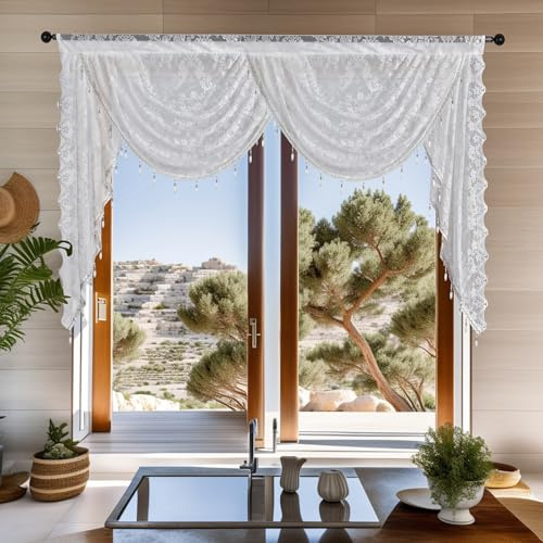 Huierxun Weißer Wasserfall-Volant mit Perlenquasten, Blumenstickerei, halbtransparent, Stangentasche, 150 x 104 cm, Wohnzimmer/Küche/Keller