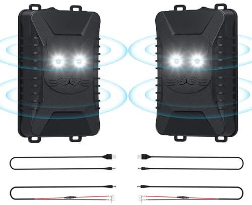 Lot de 2 répulsifs à ultrasons avec flash LED anti-martres pour 40-60 m² - Fonctionne avec piles / USB / Connexion de batterie de voiture - Protection contre les martres pour voiture, compartiment