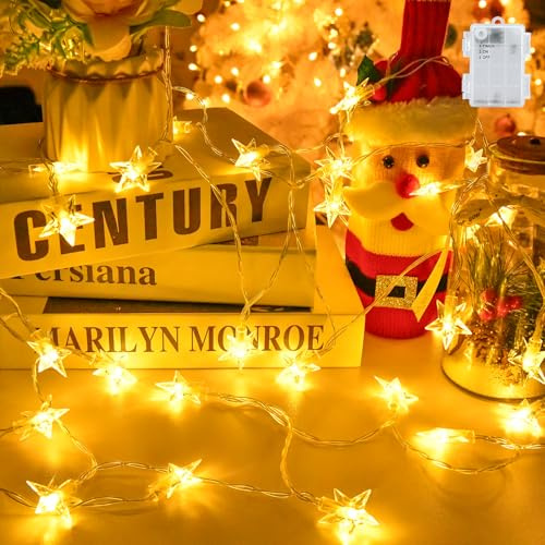 Gcstnn Lichterkette Batterie Außen Innen, 6M 40LED Warmweiß Stern Lichterketten mit 6h Timer, IP65 Wasserdicht Lichterkette für Weihnachtsbaum Kinderzimmer Weihnachten Dekorationen