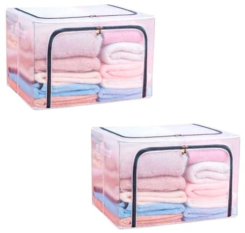 Acan Tradineur - Confezione da 2 organizzatori rettangolari in nylon e metallo, scatola pieghevole con cerniere, ordinazione, vestiti, facile da pulire, antipolvere, anti-umidità, 50 x 40 x 28 cm,