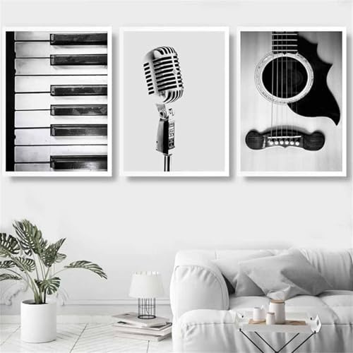 HTWLMM Schwarz-Weißes Klavier Mikrofon Gitarre Bilder Leinwand Malerei Ohne Rahmen Poster Kunstdruck Gemälde für Wohnzimmer Wohnkultur Wanddekoration (3X40X60CM,Kein Rahmen)