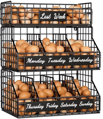 Egg Holder Countertop with Dividers & Labels, 3 Tier Stackable Chicken Egg Holder Egg Baskets for Gathering Fresh Eggs, Egg Organizer for Egg Storage, Wall-Mounted, Black
