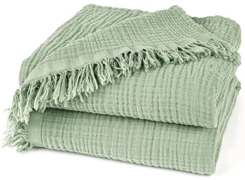 Pure Label Musselin Decke 150x200 cm - Oeko-Tex zertifizierte Kuscheldecke aus 100% Baumwolle | Musselin Wohn- & Kuscheldecke für Couch und Sofa in XL | 150 x 200 cm, Farbe der Decke Grün