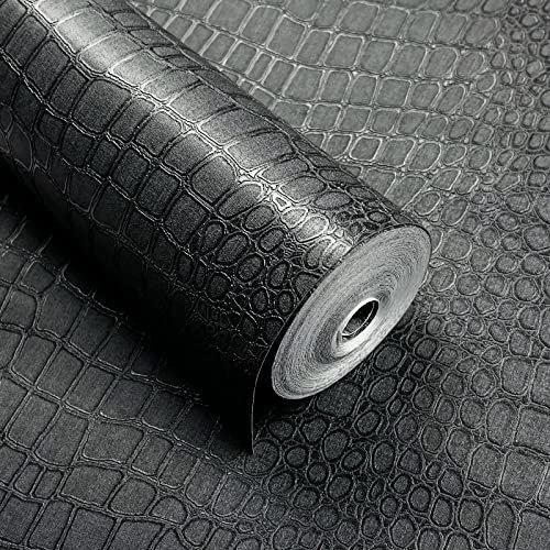 Murgall Krokodil Tapete Wasserdicht 44x600cm Schwarzes 3D Kunstleder Matte Krokodil Strukturierte Nicht Geklebte Tapete für Heim Möbel Dekoration Renovierung (Nicht Selbstklebend)