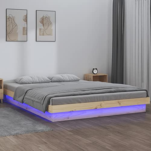 IKAYAA Cama Individual/Doble 135 x 190 cm con Iluminación LED, Base de Madera Maciza, Somier de Listones de Madera, Montaje Sencillo Natural
